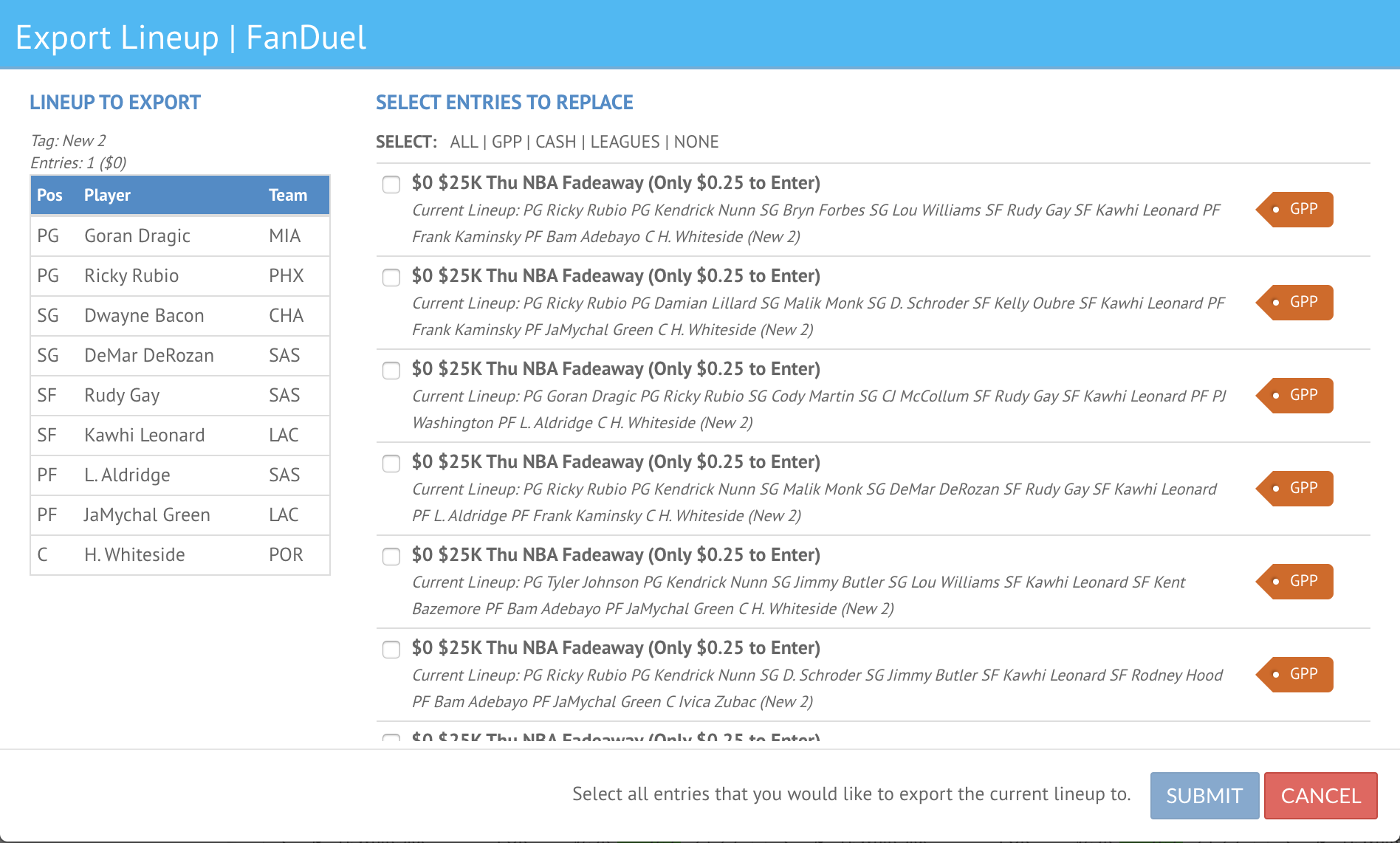 Editing Entries (FanDuel) Written Tutorial FantasyLabs Support
